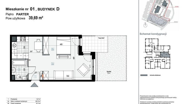 Rzut - Mieszkanie na sprzedaż 1 pokój o powierzchni 39,67 m² - numer D1 w Apartamenty Kopernika