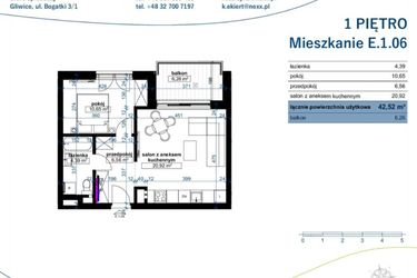 Rzut - Mieszkanie na sprzedaż 2 pokoje o powierzchni 42,52 m² - numer E.1.06 w Wzgórze Poetów 2