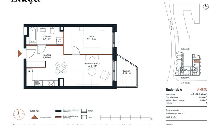Rzut - Mieszkanie na sprzedaż 2 pokoje o powierzchni 49,27 m² - numer A2.1.M8 w EMaya