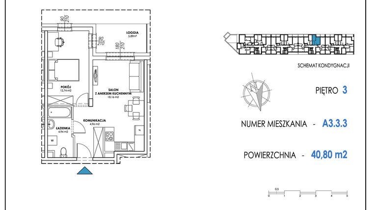 Rzut - Mieszkanie na sprzedaż 2 pokoje o powierzchni 40,83 m² - numer A3.3.3 w Apartamenty Nowe Miasto