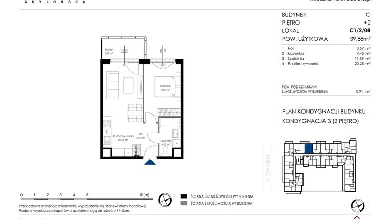 Rzut - Mieszkanie na sprzedaż 2 pokoje o powierzchni 39,88 m² - numer C1/2/08 w Chylońska STO10 etap III