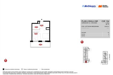 Rzut - Mieszkanie na sprzedaż 1 pokój o powierzchni 29,49 m² - numer C2E 154 w Modern Mokotów etap 3, budynek C1 i C2