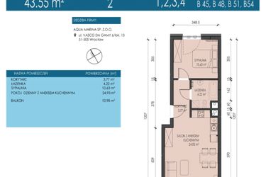 Rzut - Mieszkanie na sprzedaż 2 pokoje o powierzchni 43,55 m² - numer B45 w Apartamenty Aqua Marina