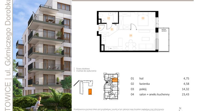 Rzut - Mieszkanie na sprzedaż 2 pokoje o powierzchni 47,08 m² - numer A_23 w Zielony Nikiszowiec