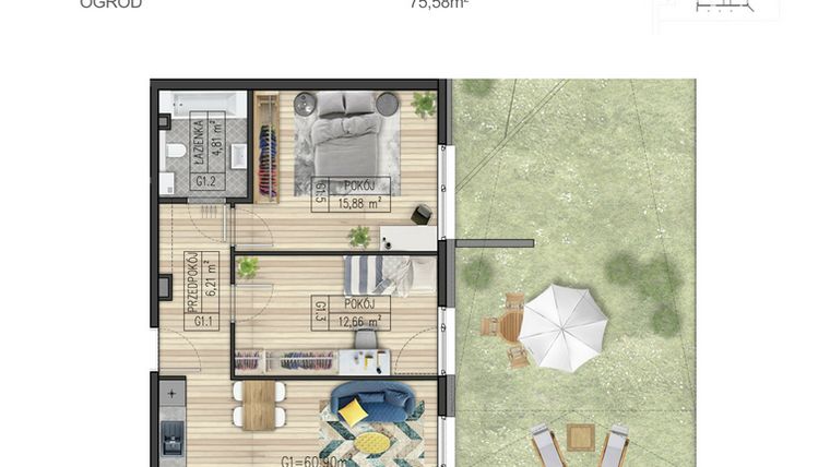 Rzut - Mieszkanie na sprzedaż 2 pokoje o powierzchni 60,9 m² - numer G1 w Osiedle Parkowe