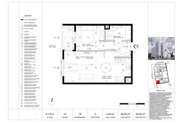 Rzut - Mieszkanie na sprzedaż 2 pokoje o powierzchni 50,61 m² - numer 18 w Biała Kamienica