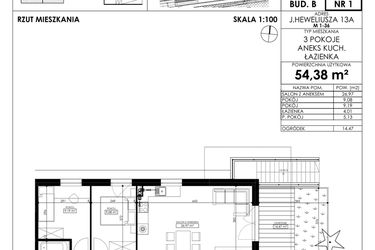 Rzut - Mieszkanie na sprzedaż 3 pokoje o powierzchni 54,38 m² - numer JAR-II-B-LM-M1 w Osiedle JAR Heweliusza etap II