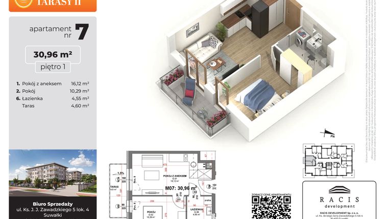 Rzut - Mieszkanie na sprzedaż 2 pokoje o powierzchni 30,96 m² - numer 7 w Słoneczne Tarasy II etap 2