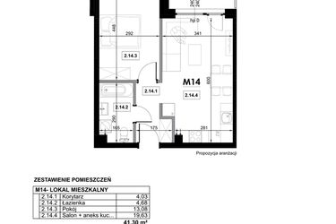 Rzut - Mieszkanie na sprzedaż 2 pokoje o powierzchni 41,3 m² - numer M14 w Miejska Premium II