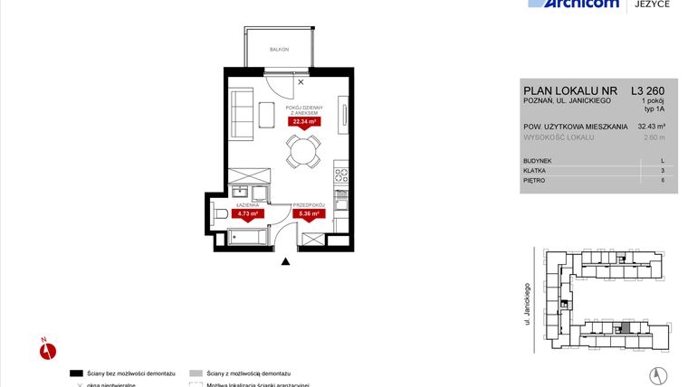 Rzut - Mieszkanie na sprzedaż 1 pokój o powierzchni 32,43 m² - numer L3.260 w Wieża Jeżyce etap VI