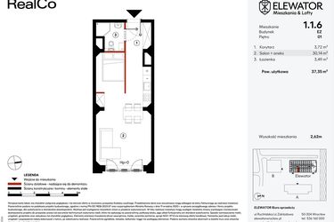 Rzut - Mieszkanie na sprzedaż 1 pokój o powierzchni 37,35 m² - numer EZ.1.1.6 w Elewator - Mieszkania i Lofty