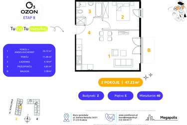 Rzut - Mieszkanie na sprzedaż 2 pokoje o powierzchni 47,23 m² - numer 2.40 w Osiedle Ozon etap VIII