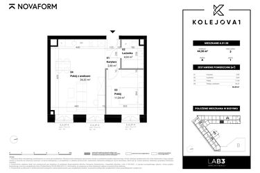 Rzut - Mieszkanie na sprzedaż 2 pokoje o powierzchni 44,3 m² - numer A-01-08 w Kolejova 1