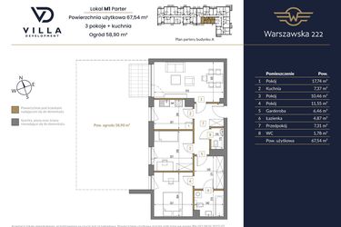 Rzut - Mieszkanie na sprzedaż 3 pokoje o powierzchni 67,54 m² - numer 1A w Warszawska 222