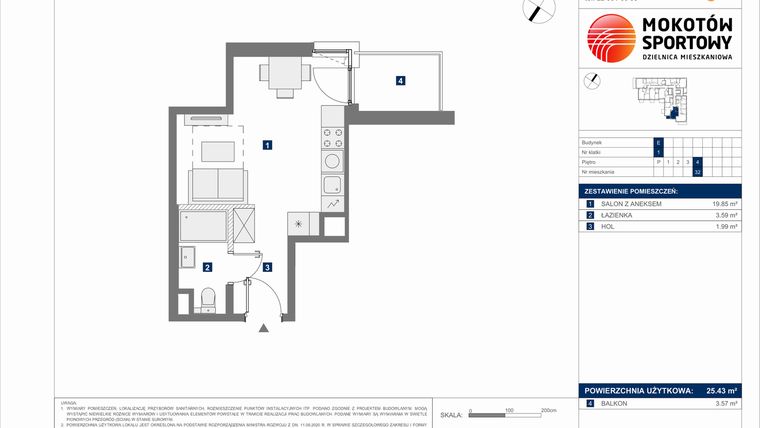 Rzut - Mieszkanie na sprzedaż 1 pokój o powierzchni 25,43 m² - numer E.32 w Mokotów Sportowy 1.1B