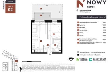 Rzut - Mieszkanie na sprzedaż 2 pokoje o powierzchni 40,02 m² - numer A2 w Nowy Reden