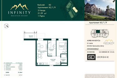 Rzut - Mieszkanie na sprzedaż 3 pokoje o powierzchni 51,39 m² - numer B2.1.9 w Infinity Mountain Resort