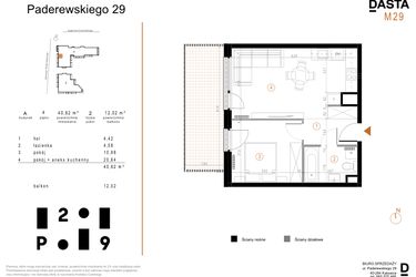 Rzut - Mieszkanie na sprzedaż 2 pokoje o powierzchni 40,62 m² - numer A29 w Paderewskiego 29