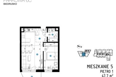 Rzut - Mieszkanie na sprzedaż 2 pokoje o powierzchni 47,7 m² - numer 6C.5 w Parkowa 6AC - ETAP III