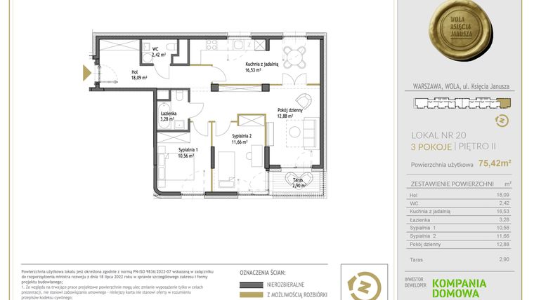 Rzut - Mieszkanie na sprzedaż 3 pokoje o powierzchni 75,42 m² - numer WKJ-LM-20 w Wola Księcia Janusza