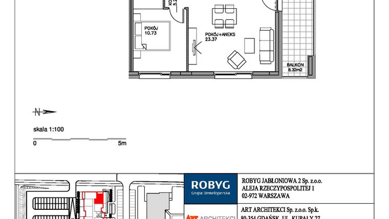 Rzut - Mieszkanie na sprzedaż 2 pokoje o powierzchni 43,49 m² - numer H1.5M02 w Zielony Widok