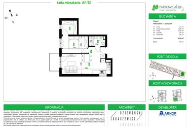 Rzut - Mieszkanie na sprzedaż 2 pokoje o powierzchni 45,65 m² - numer A/1/12 w Osiedle Parkowe Aleje etap III