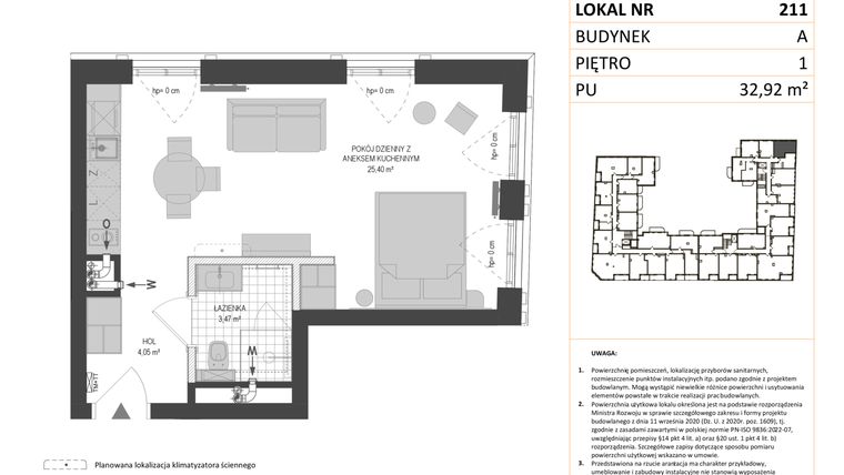 Rzut - Mieszkanie na sprzedaż 1 pokój o powierzchni 32,92 m² - numer A.211 w Esencja - Apartamenty inwestycyjne