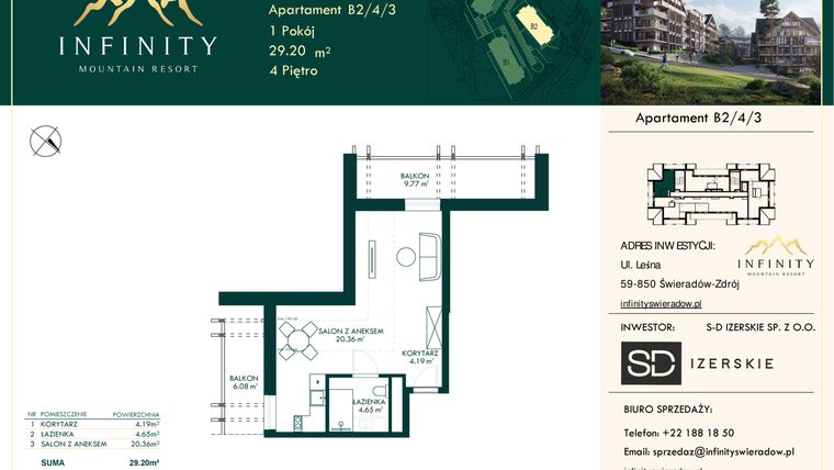 Rzut - Mieszkanie na sprzedaż 1 pokój o powierzchni 29,2 m² - numer B2.4.3 w Infinity Mountain Resort
