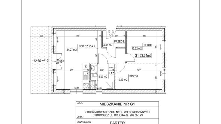 Rzut - Mieszkanie na sprzedaż 3 pokoje o powierzchni 53,34 m² - numer G1 w Bruska
