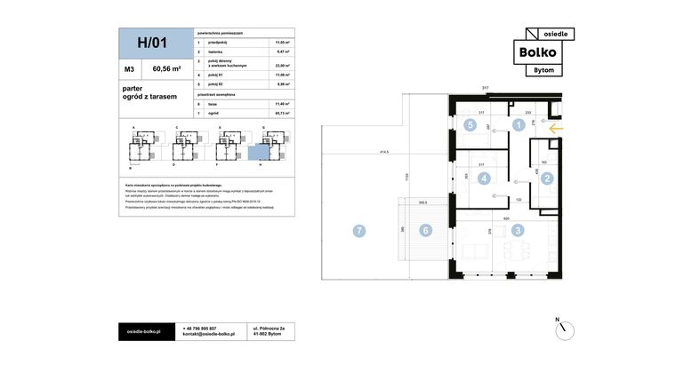 Rzut - Mieszkanie na sprzedaż 3 pokoje o powierzchni 60,56 m² - numer H/01 w Osiedle Bolko etap II