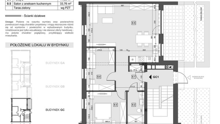 Rzut - Mieszkanie na sprzedaż 3 pokoje o powierzchni 69,25 m² - numer GC1 w Wzgórze Zelwerowicza