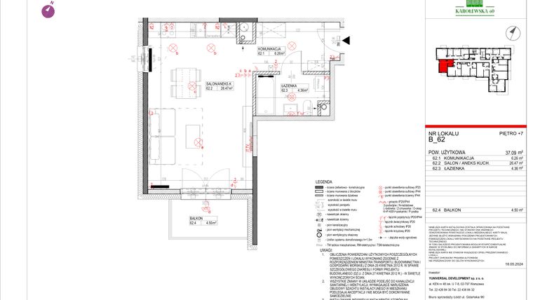 Rzut - Mieszkanie na sprzedaż 1 pokój o powierzchni 37,09 m² - numer B.62 w Karolewska 60