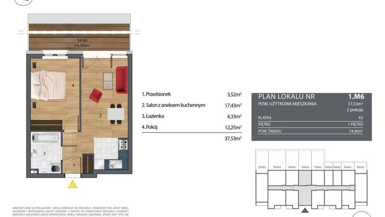 Rzut - Mieszkanie na sprzedaż 2 pokoje o powierzchni 37,93 m² - numer K3.1.M6 w Nyska Residence