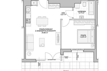 Rzut - Mieszkanie na sprzedaż 2 pokoje o powierzchni 48,96 m² - numer WO/P33/63 w Wiszące Ogrody