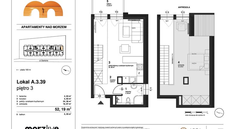 Rzut - Mieszkanie na sprzedaż 2 pokoje o powierzchni 52,19 m² - numer A.3.39 w Morzlive