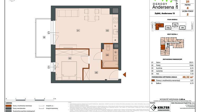 Rzut - Mieszkanie na sprzedaż 2 pokoje o powierzchni 48,32 m² - numer 31A w Ogrody Andersena