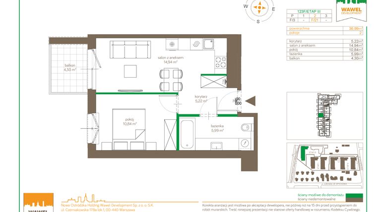 Rzut - Mieszkanie na sprzedaż 2 pokoje o powierzchni 36,99 m² - numer F/21 w Ostródzka 123 - III etap