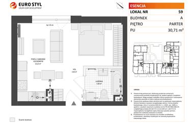 Rzut - Mieszkanie na sprzedaż 1 pokój o powierzchni 30,71 m² - numer A.59 w Esencja