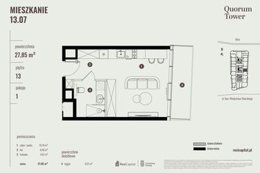 Rzut - Mieszkanie na sprzedaż 1 pokój o powierzchni 28,1 m² - numer 13.07 w Quorum Tower