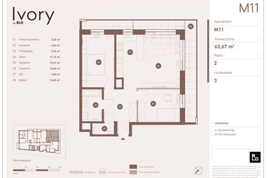 Rzut - Mieszkanie na sprzedaż 3 pokoje o powierzchni 63,67 m² - numer M11 w Ivory