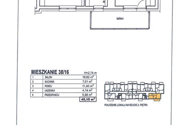 Rzut - Mieszkanie na sprzedaż 2 pokoje o powierzchni 45,15 m² - numer 38/16 w Osiedle Jodłowa bud. D