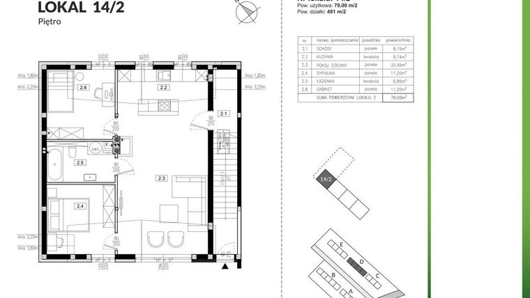 Rzut - Mieszkanie na sprzedaż 3 pokoje o powierzchni 79 m² - numer 14/2 w Szczęśliwa Polana