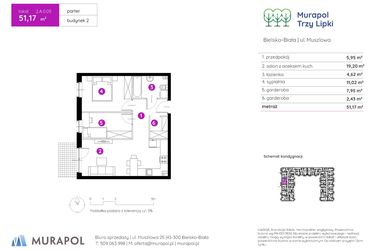 Rzut - Mieszkanie na sprzedaż 2 pokoje o powierzchni 51,17 m² - numer 2.A.0.05 w Murapol Trzy Lipki etap II
