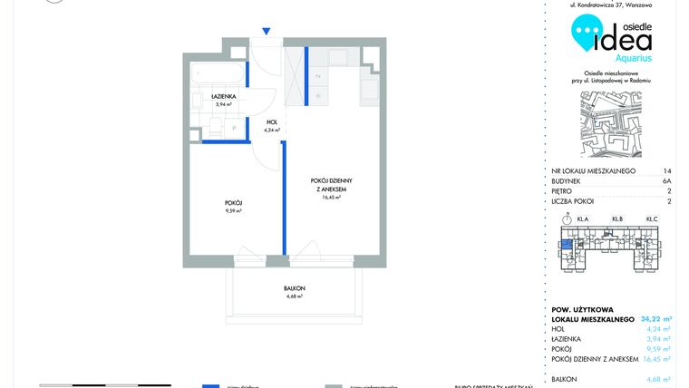 Rzut - Mieszkanie na sprzedaż 2 pokoje o powierzchni 34,22 m² - numer 6A/14 w Osiedle Idea Aquarius