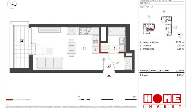 Rzut - Mieszkanie na sprzedaż 1 pokój o powierzchni 27,99 m² - numer B2-A050 w Warszawski Świt etap IX