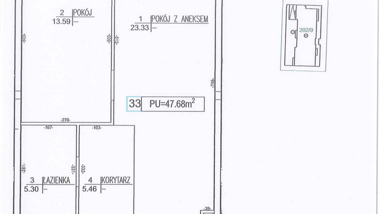 Rzut - Mieszkanie na sprzedaż 2 pokoje o powierzchni 47,68 m² - numer M33 w Nowe Sady 85