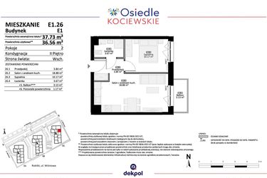 Rzut - Mieszkanie na sprzedaż 2 pokoje o powierzchni 36,56 m² - numer E1.26 w Osiedle Kociewskie bud. E