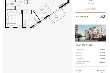 Rzut - Mieszkanie na sprzedaż 3 pokoje o powierzchni 58,43 m² - numer 32 w Bytkowska 4.0