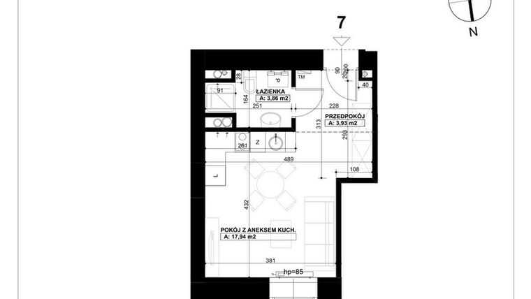 Rzut - Mieszkanie na sprzedaż 1 pokój o powierzchni 25,73 m² - numer 7 w Święty Marcin 65