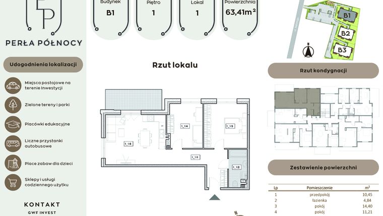 Rzut - Mieszkanie na sprzedaż 3 pokoje o powierzchni 63,41 m² - numer B1.1_1 w Perła Północy etap 2